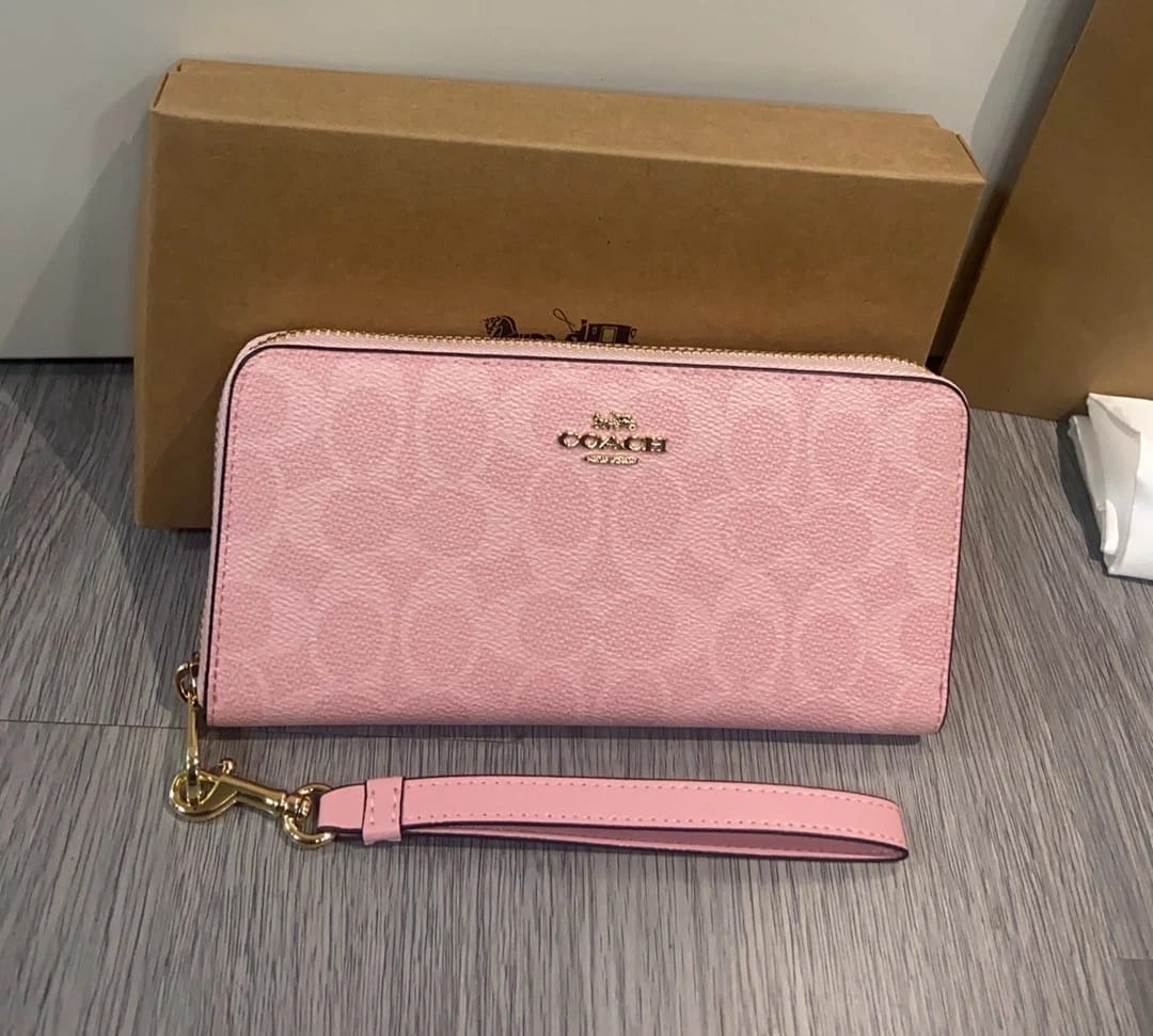 Coach Signature Pink Zip-Around Long Wallet with Wristlet Strap