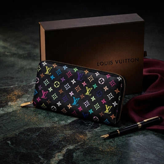 Louis Vuitton Black Monogram Multicolor Litchi Long Zippy Wallet Zip Around