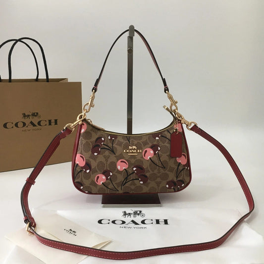 Coach Signature Cherry Print Mini Shoulder Bag with Red Leather Strap