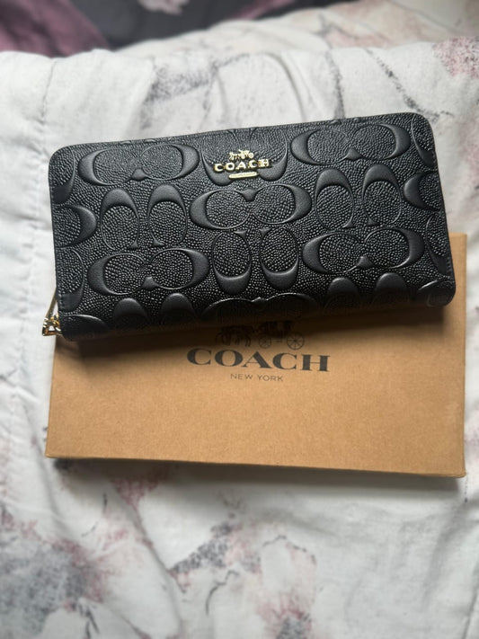 Coach Signature Black Debossed Leather Zip-Around Long Wallet